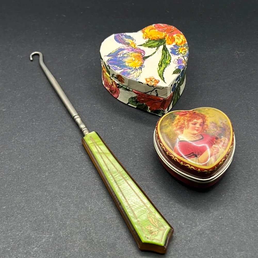 Vintage celluloid button hook, trinket boxes
